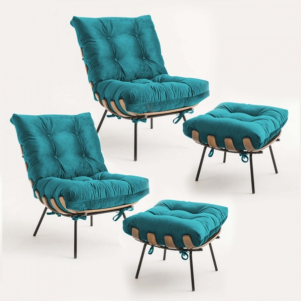 Kit 02 Poltronas E 02 Puffs Costela Decorativa Sala De Estar