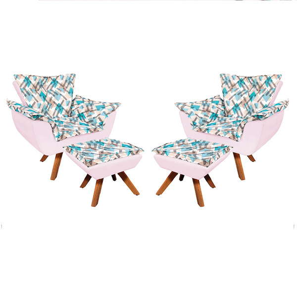 Kit 02 Poltronas E 02 Puffs Giratório Opala Suede Rosa Bebê C