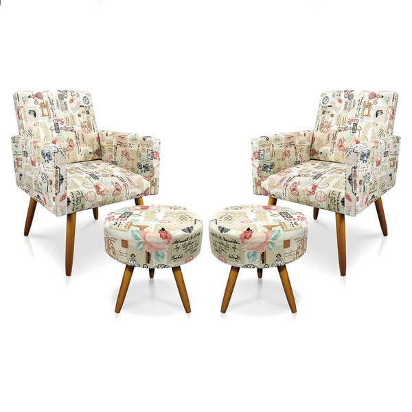 Kit 02 Poltronas E 02 Puffs Larissa Estampado Retrô Rosa D61