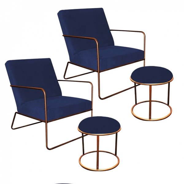 Kit 02 Poltronas E 02 Puffs Malta Decorativa Sala Aramado Bro