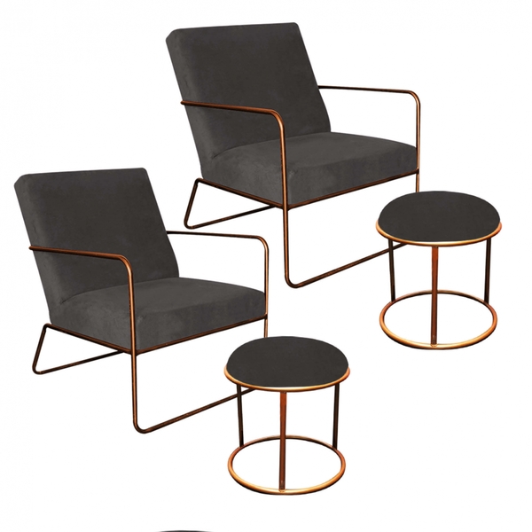 Kit 02 Poltronas E 02 Puffs Malta Decorativa Sala Aramado Bro