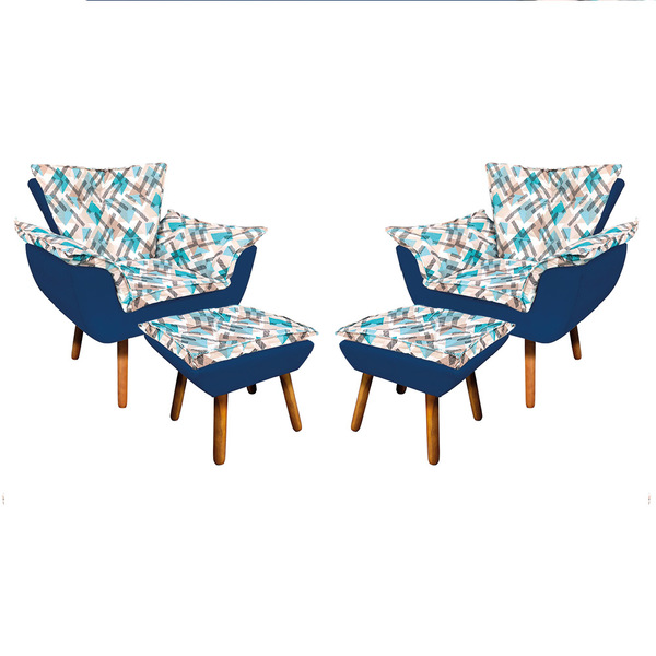 Kit 02 Poltronas E 02 Puffs Opala  D33 Pés Palito Castanho D'