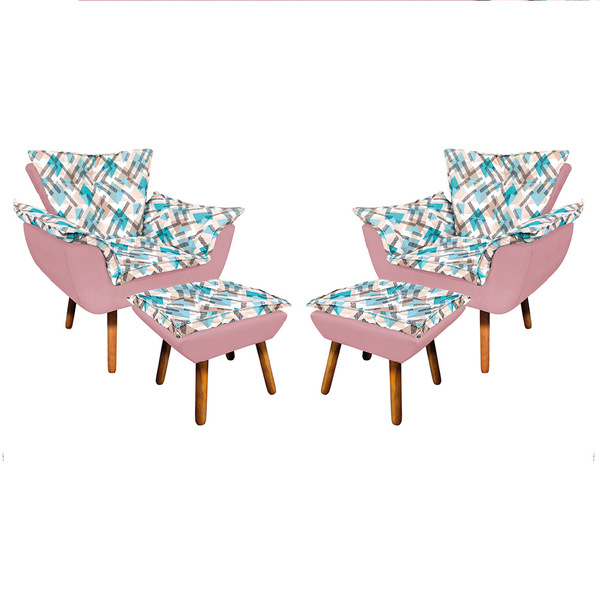 Kit 02 Poltronas E 02 Puffs Opala Suede Com D33 Pés Palito Ca