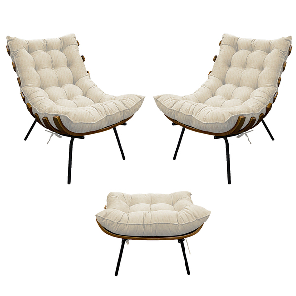 Kit 02 Poltronas E Puff Costela Base Fixa Linho Bege - Amaren