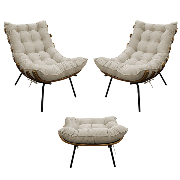 Kit 02 Poltronas E Puff Costela Base Fixa Suede Bege - Amaren