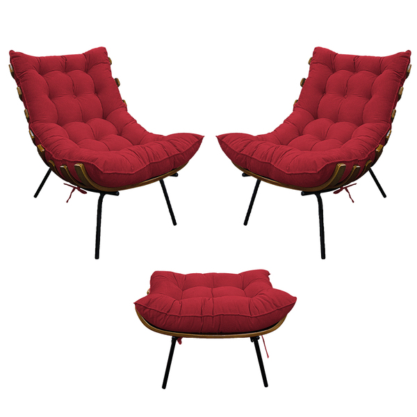 Kit 02 Poltronas E Puff Costela Base Fixa Suede - Doce Sonho