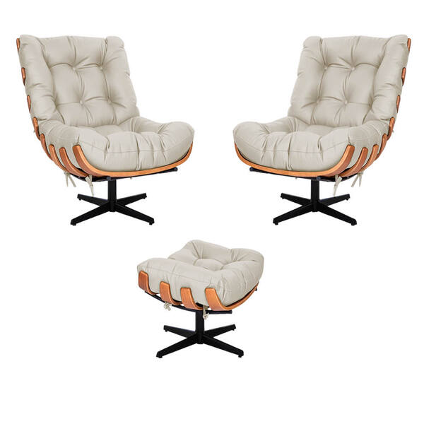 Kit 02 Poltronas E Puff Costela Base Giratória Corano Bege -