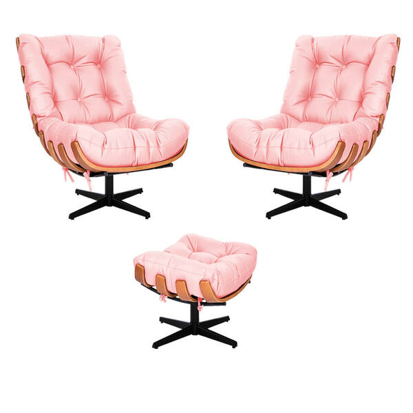 Kit 02 Poltronas E Puff Costela Base Giratória Corano Rosa Be
