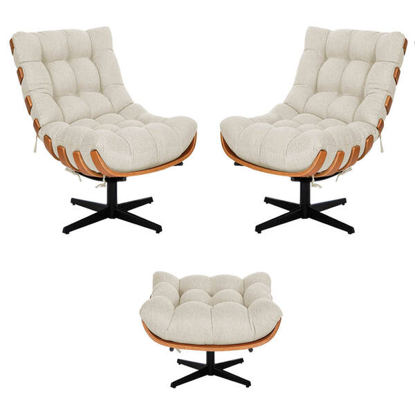 Kit 02 Poltronas E Puff Costela Base Giratória Linho - Doce S