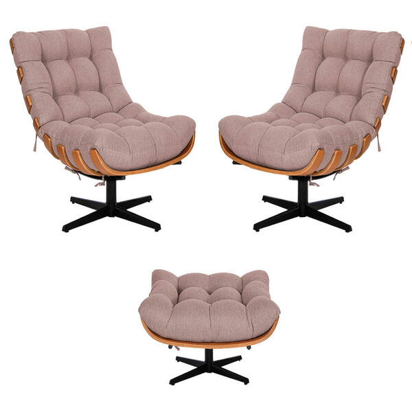 Kit 02 Poltronas E Puff Costela Base Giratória Linho - Doce S