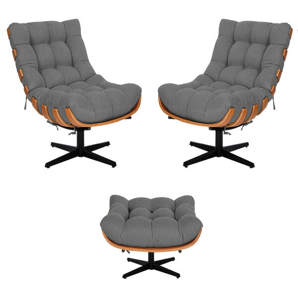 Kit 02 Poltronas E Puff Costela Base Giratória Linho - Doce S