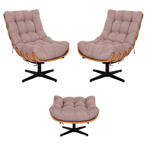 Kit 02 Poltronas E Puff Costela Base Giratória Linho Rosê - D