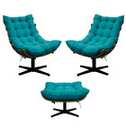Kit 02 Poltronas E Puff Costela Base Giratória Suede Azul Tur