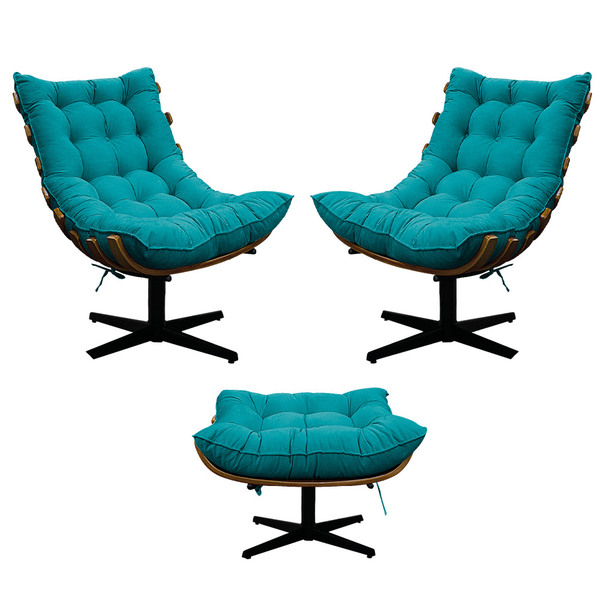Kit 02 Poltronas E Puff Costela Base Giratória Suede Azul Tur