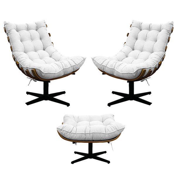 Kit 02 Poltronas E Puff Costela Base Giratória Suede Branco -
