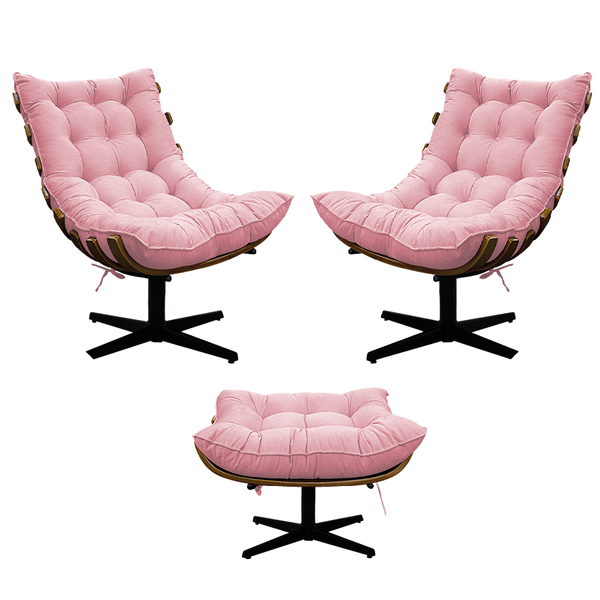Kit 02 Poltronas E Puff Costela Base Giratória Suede Rosa Beb