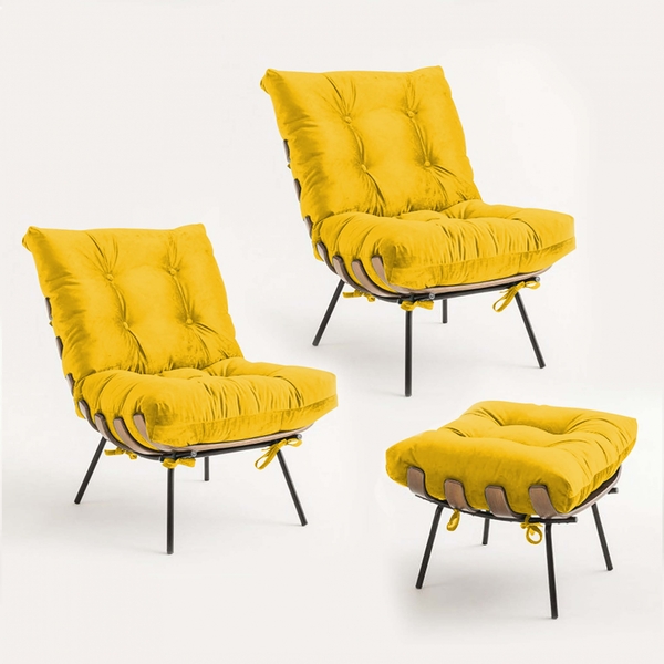 Kit 02 Poltronas E Puff Costela Decorativa Sala De Estar Sued