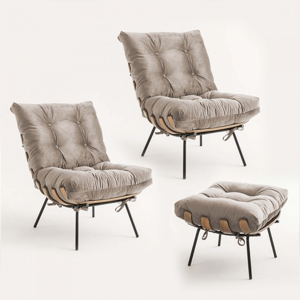 Kit 02 Poltronas E Puff Costela Decorativa Sala De Estar Sued