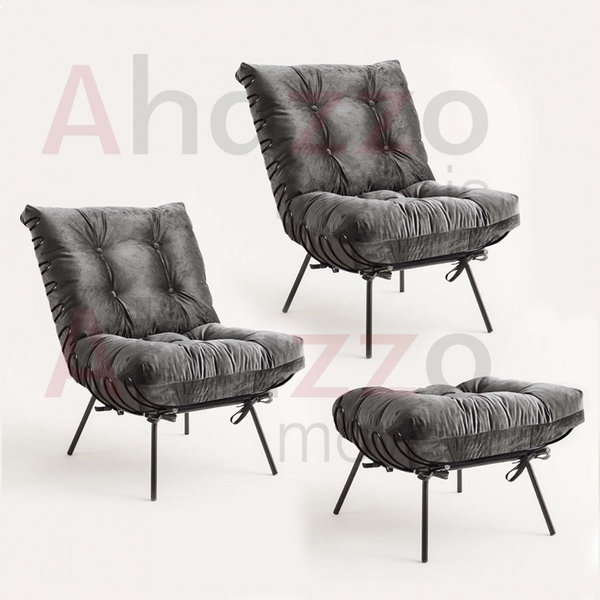 Kit 02 Poltronas E Puff Costela Industrial Ferro Preto Sala D