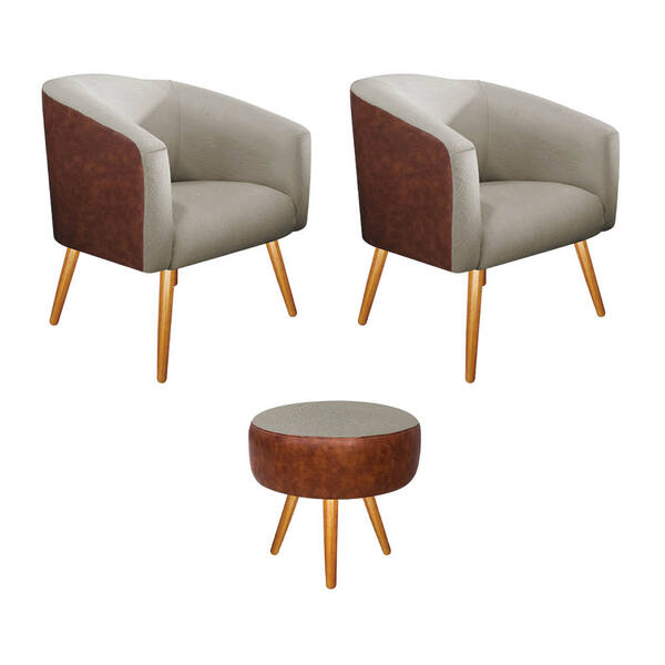 Kit 02 Poltronas E Puff Luiza Palito Mel Corano Nozes E Linho