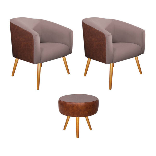 Kit 02 Poltronas E Puff Luiza Palito Mel Corano Nozes E Linho