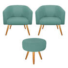 Kit 02 Poltronas E Puff Luiza Palito Mel Linho Azul Turquesa