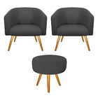 Kit 02 Poltronas E Puff Luiza Palito Mel Linho Chumbo - Doce