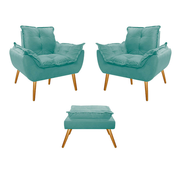 Kit 02 Poltronas E Puff Opala Palito Mel Suede Azul Tiffany -