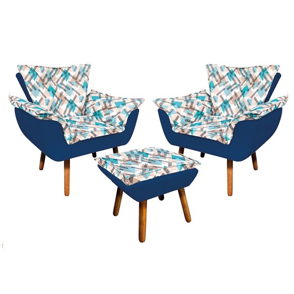 Kit 02 Poltronas E Puff Opala Suede Azul Marinho Com D33 Pés