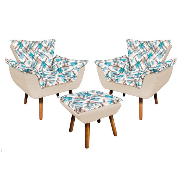 Kit 02 Poltronas E Puff Opala Suede Com D33 Pés Palito Castan