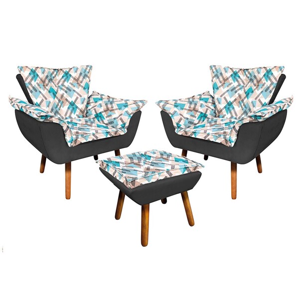 Kit 02 Poltronas E Puff Opala Suede Preto Com D33 Pés Palito