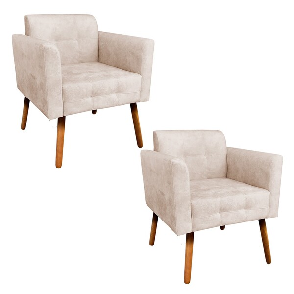 Kit 02 Poltronas Elisa Suede Craquelado Bege Pés Palito D'ros