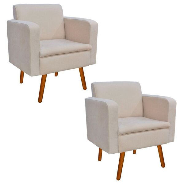 Kit 02 Poltronas Emília Suede Bege Pés Palito Castanho D'rossi