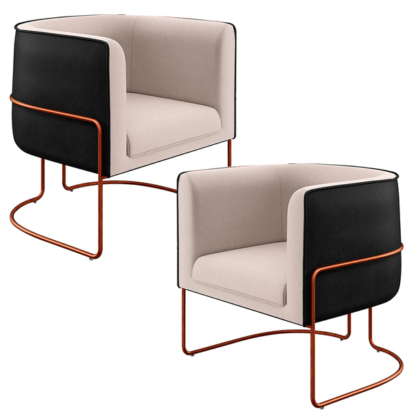 Kit 02 Poltronas Fixas Base Aço Cobre Betina D02 Linho Cru C-