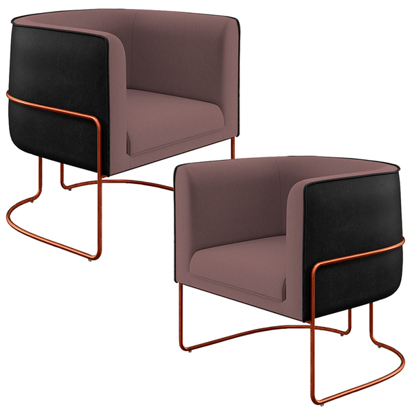 Kit 02 Poltronas Fixas Base Aço Cobre Betina D02 Veludo Rosê