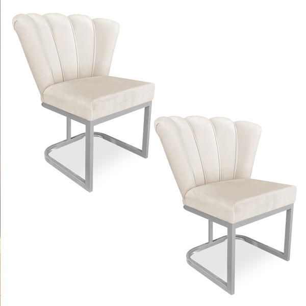 Kit 02 Poltronas Flor Veludo Base Metálica Industrial Prata -