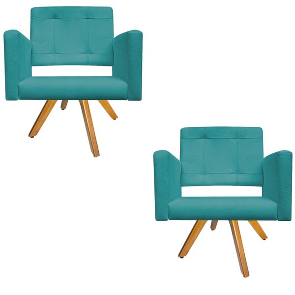 Kit 02 Poltronas Gênesis Base Giratória De Madeira Suede Azul