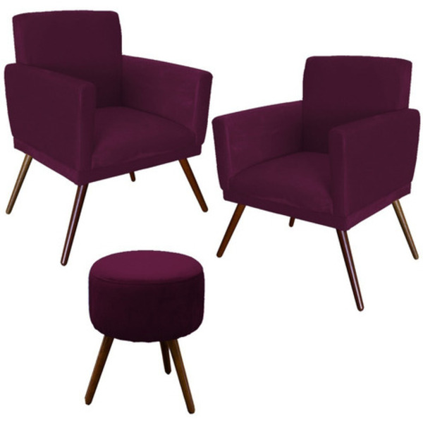 Kit 02 Poltronas Gênesis E 01 Puff Redondo Decorativos Para S