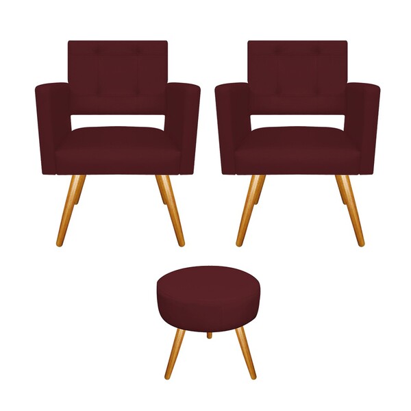 Kit 02 Poltronas Gênesis E Puff Sofia Palito Mel Corano Bordô