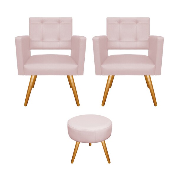Kit 02 Poltronas Gênesis E Puff Sofia Palito Mel Corano Rosa