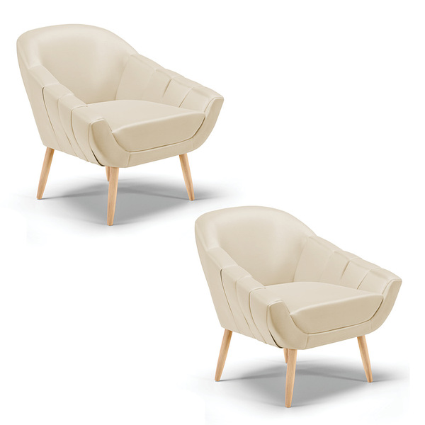 Kit 02 Poltronas Giovana Corino Bege Pés Palito Natural D03 -