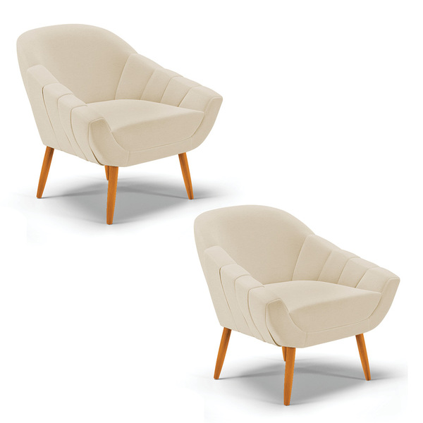 Kit 02 Poltronas Giovana Linho Areia A27 Pés Palito Castanho