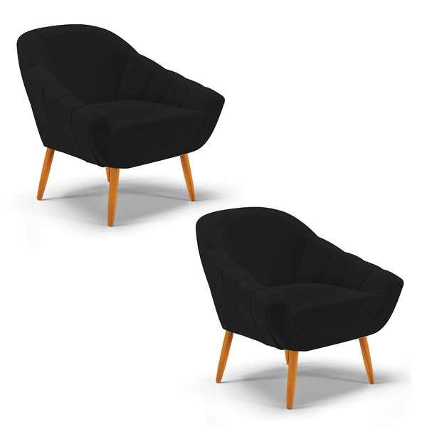 Kit 02 Poltronas Giovana Linho Preto A79 Pés Palito Castanho