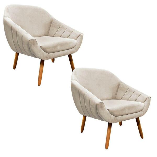 Kit 02 Poltronas Giovana Suede Bege Pés Palito Castanho