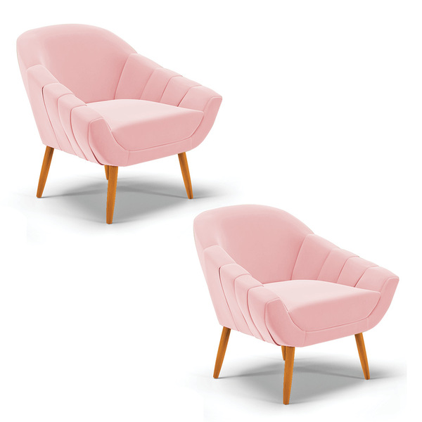 Kit 02 Poltronas Giovana Suede Rosa Bebê Pés Palito Castanho