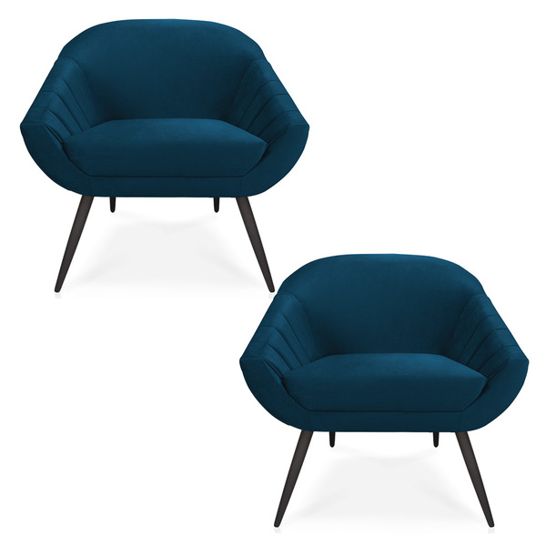 Kit 02 Poltronas Giovana Veludo Azul Marinho Pés Palito De Fe