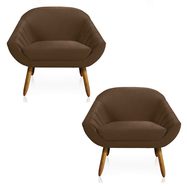Kit 02 Poltronas Giovana Veludo Marrom Pés Palito Castanho -