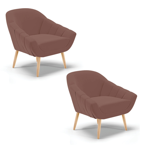 Kit 02 Poltronas Giovana Veludo Rosê Pés Palito Natural - D'r