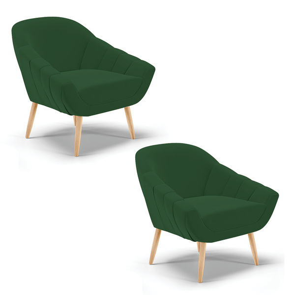 Kit 02 Poltronas Giovana Veludo Verde Pés Palito Natural D03