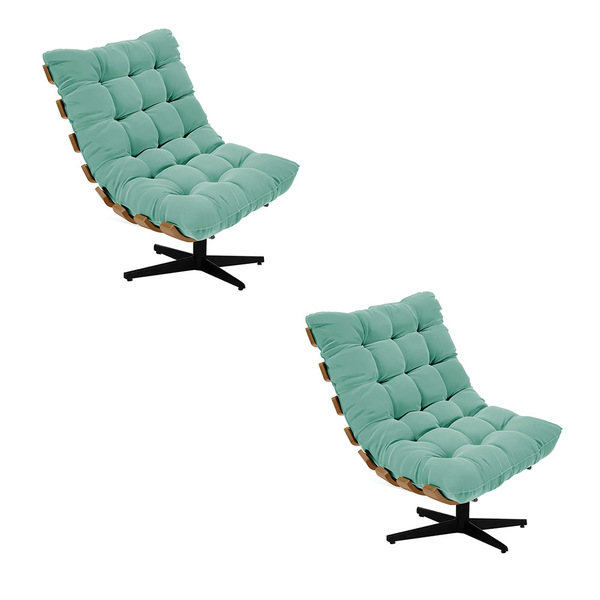 Kit 02 Poltronas Giratória Costela Suede Azul Turquesa Base M